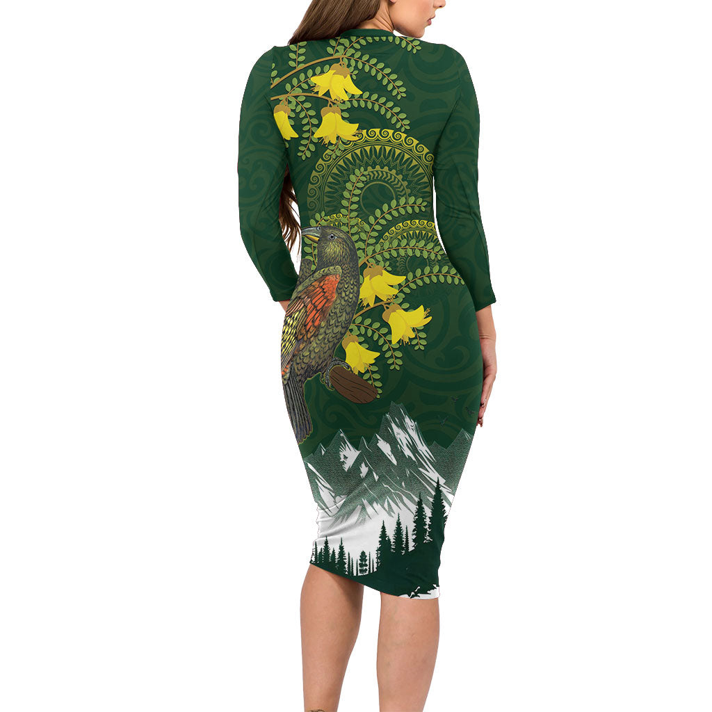 Kea Bird Kowhai New Zealand Long Sleeve Bodycon Dress Mountain Landscape Maori Art