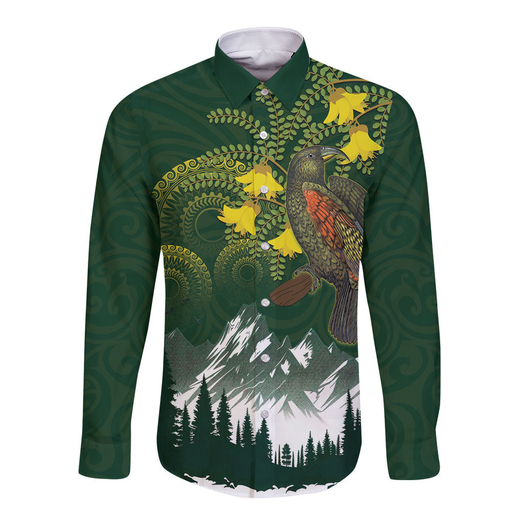 Kea Bird Kowhai New Zealand Long Sleeve Button Shirt Mountain Landscape Maori Art