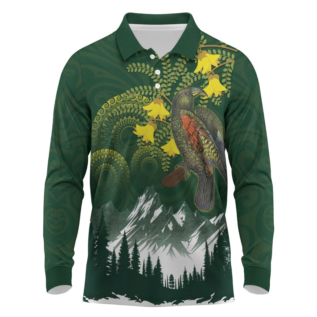 Kea Bird Kowhai New Zealand Long Sleeve Polo Shirt Mountain Landscape Maori Art LT22 Green - Polynesian Pride