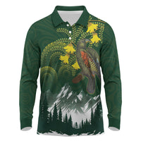 Kea Bird Kowhai New Zealand Long Sleeve Polo Shirt Mountain Landscape Maori Art LT22 Green - Polynesian Pride
