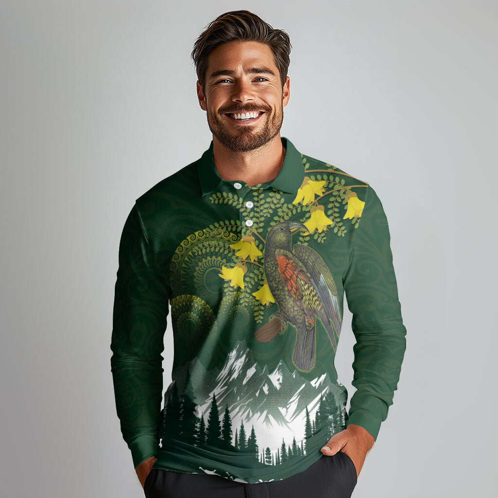 Kea Bird Kowhai New Zealand Long Sleeve Polo Shirt Mountain Landscape Maori Art LT22 - Polynesian Pride