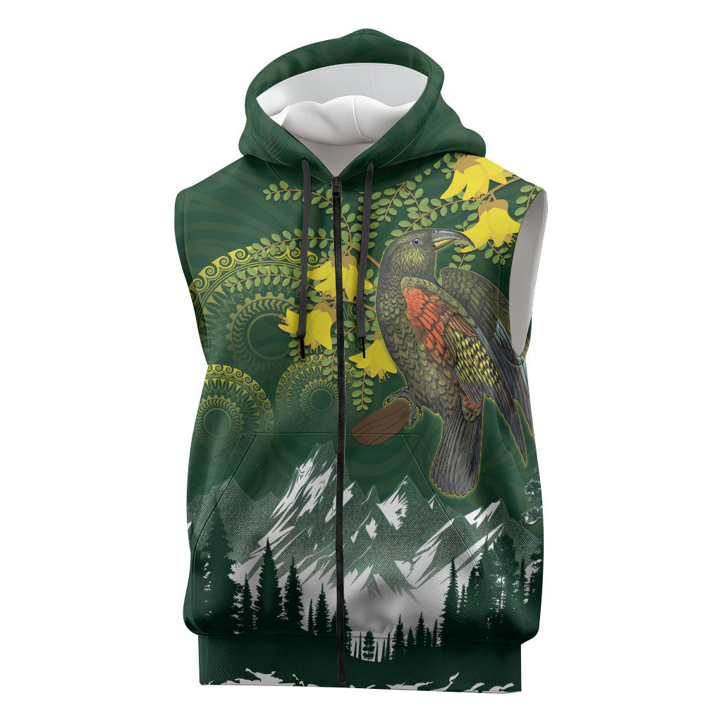 Kea Bird Kowhai New Zealand Sleeveless Zip Hoodie Mountain Landscape Maori Art