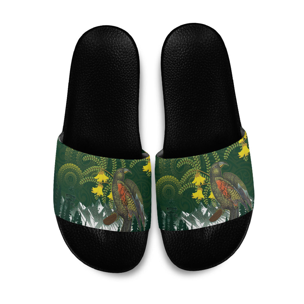 Kea Bird Kowhai New Zealand Slide Sandals Mountain Landscape Maori Art