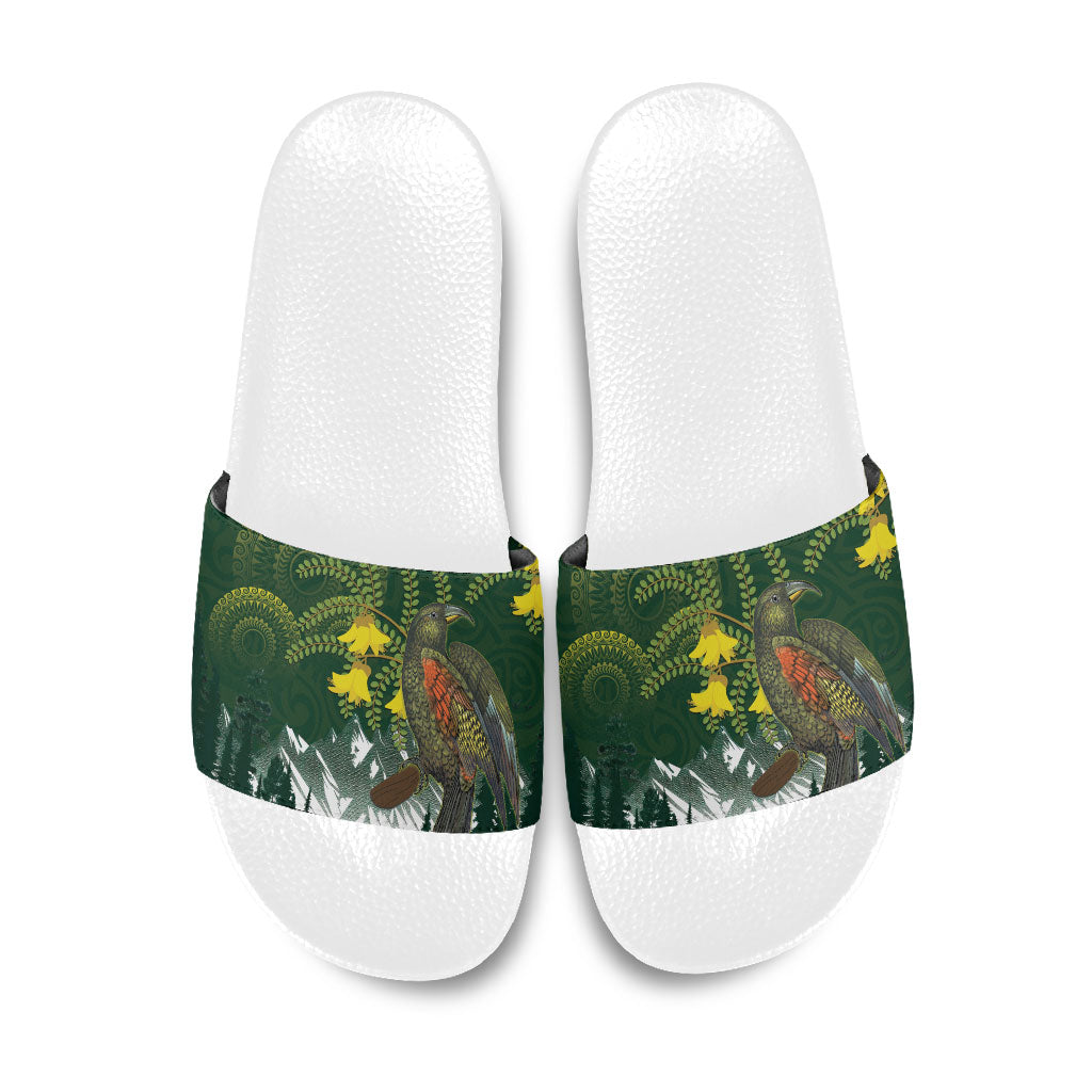 Kea Bird Kowhai New Zealand Slide Sandals Mountain Landscape Maori Art