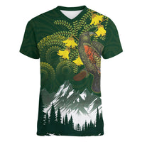 Kea Bird Kowhai New Zealand Women V-Neck T-Shirt Mountain Landscape Maori Art LT22 Female Green - Polynesian Pride