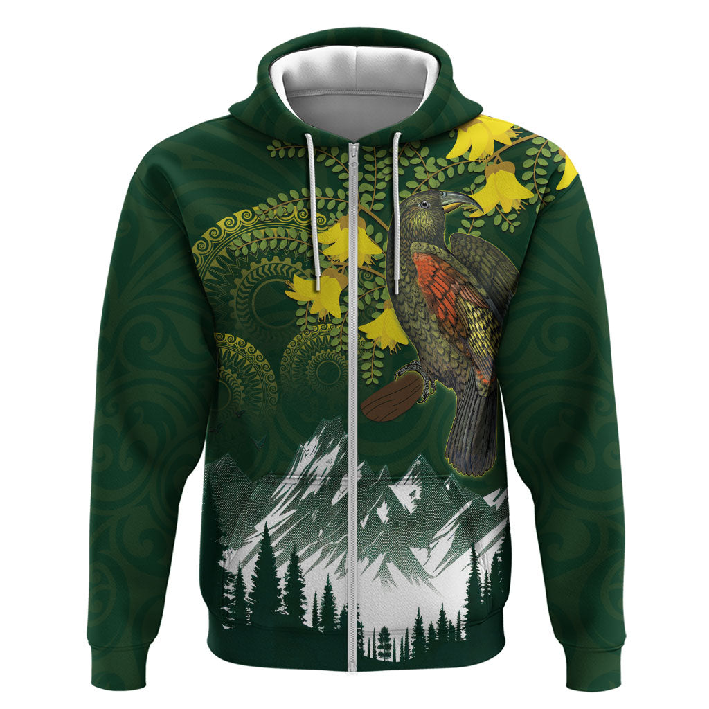 Kea Bird Kowhai New Zealand Zip Hoodie Mountain Landscape Maori Art