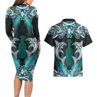 New Zealand Kotiate Weapon Couples Matching Long Sleeve Bodycon Dress and Hawaiian Shirt Aotearoa Mango Paua Shell Maori Pattern