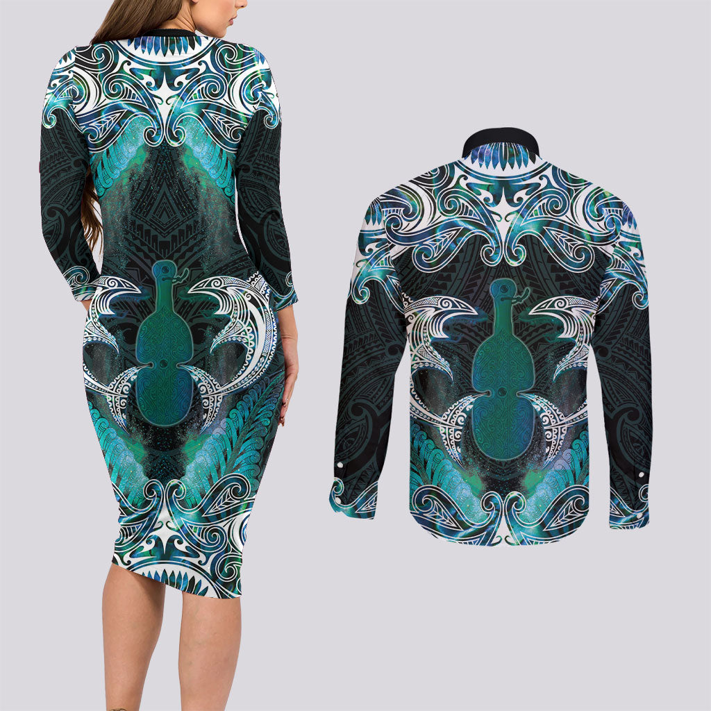 New Zealand Kotiate Weapon Couples Matching Long Sleeve Bodycon Dress and Long Sleeve Button Shirt Aotearoa Mango Paua Shell Maori Pattern