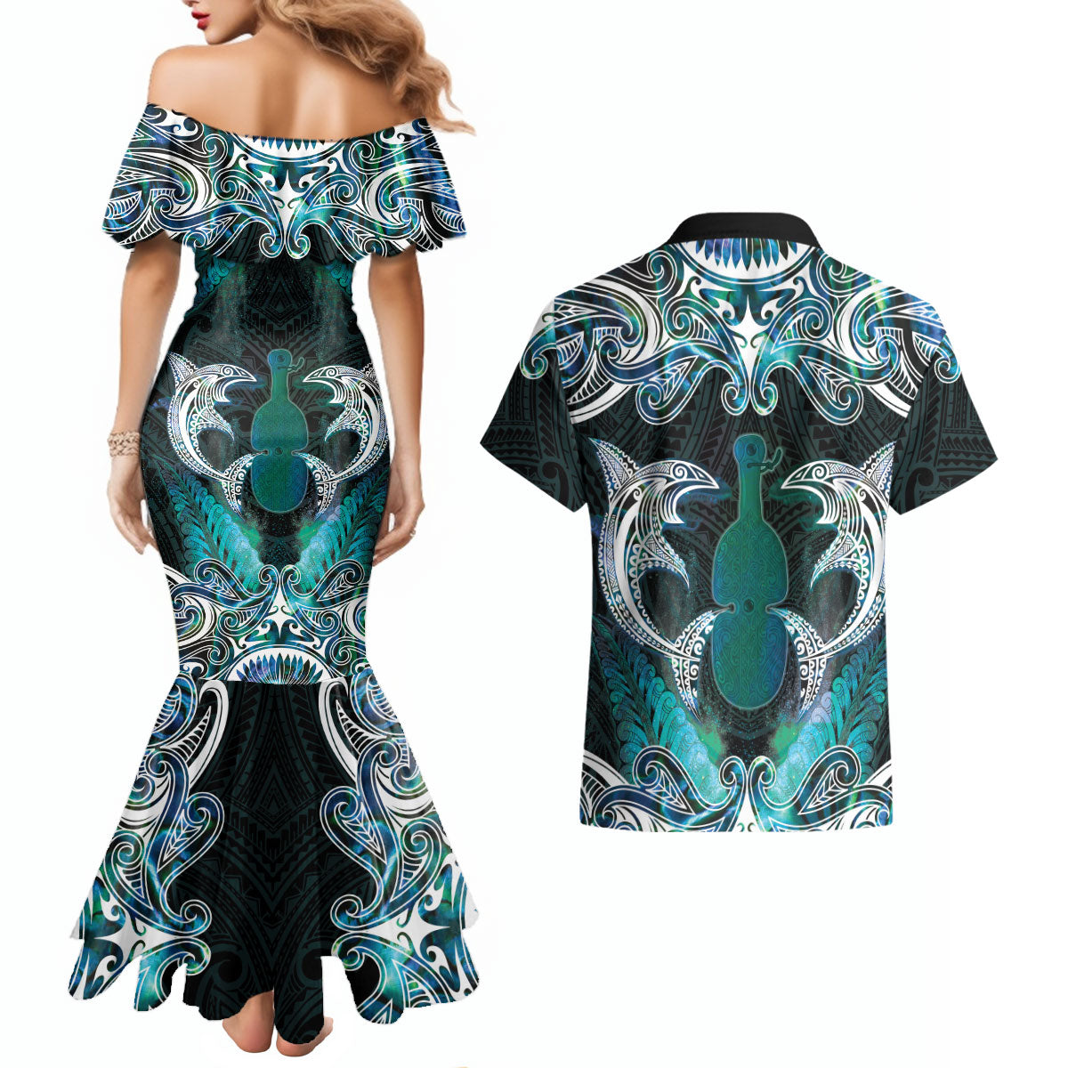 New Zealand Kotiate Weapon Couples Matching Mermaid Dress and Hawaiian Shirt Aotearoa Mango Paua Shell Maori Pattern