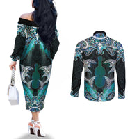New Zealand Kotiate Weapon Couples Matching Off The Shoulder Long Sleeve Dress and Long Sleeve Button Shirt Aotearoa Mango Paua Shell Maori Pattern