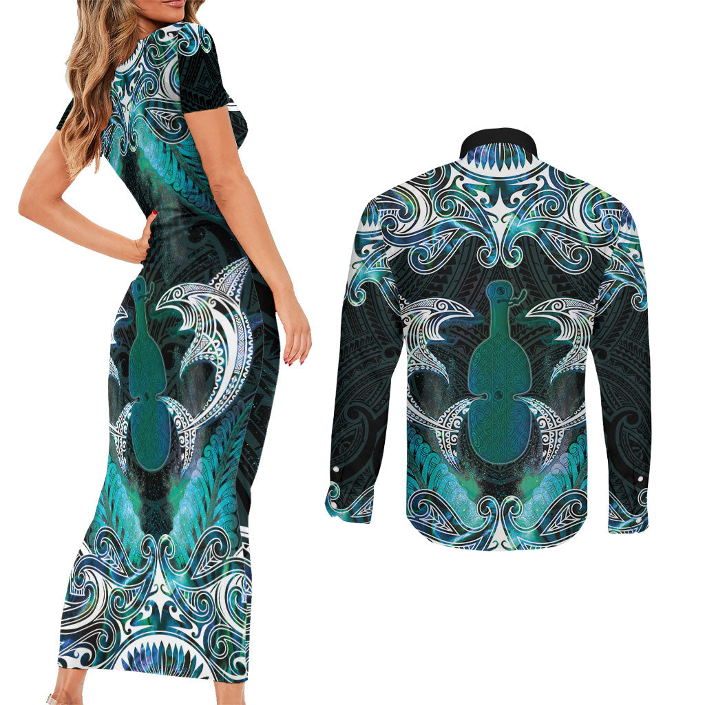 New Zealand Kotiate Weapon Couples Matching Short Sleeve Bodycon Dress and Long Sleeve Button Shirt Aotearoa Mango Paua Shell Maori Pattern