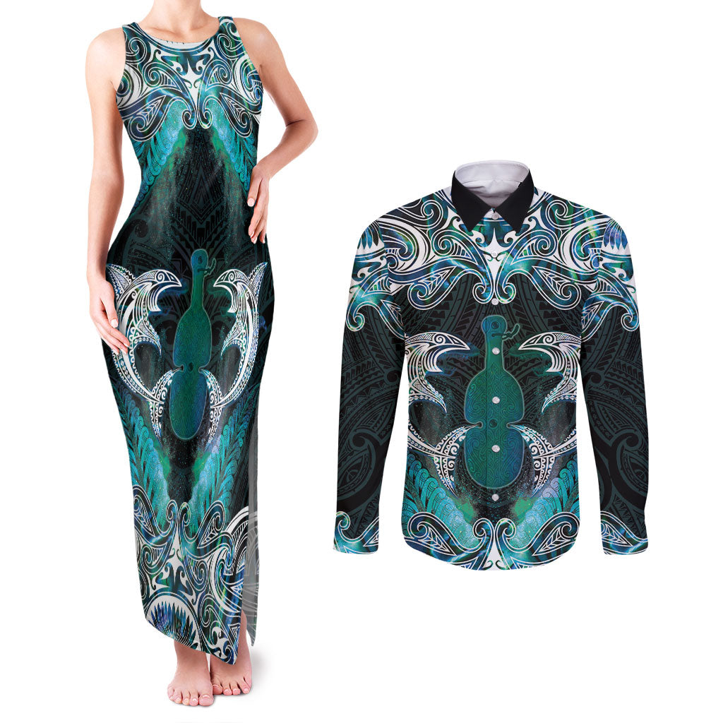 New Zealand Kotiate Weapon Couples Matching Tank Maxi Dress and Long Sleeve Button Shirt Aotearoa Mango Paua Shell Maori Pattern