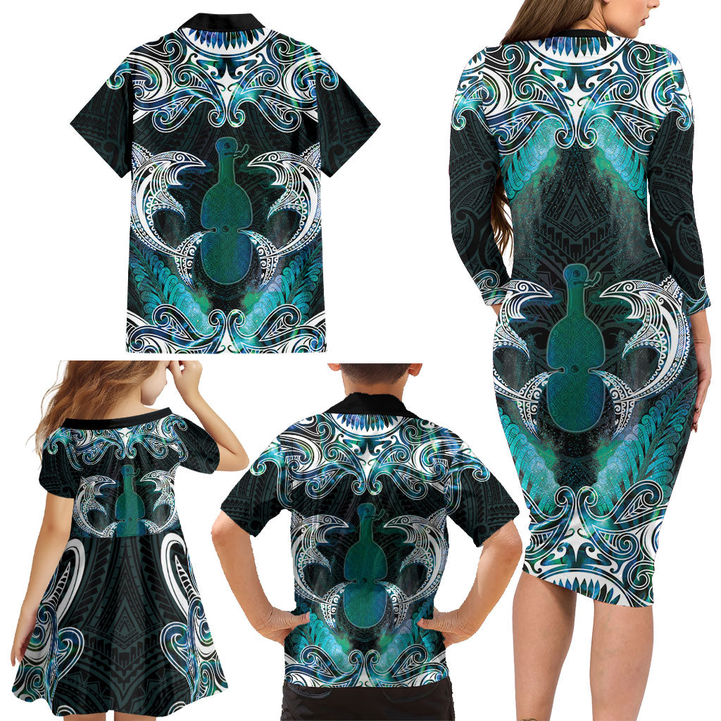 New Zealand Kotiate Weapon Family Matching Long Sleeve Bodycon Dress and Hawaiian Shirt Aotearoa Mango Paua Shell Maori Pattern