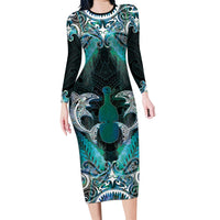 New Zealand Kotiate Weapon Family Matching Long Sleeve Bodycon Dress and Hawaiian Shirt Aotearoa Mango Paua Shell Maori Pattern