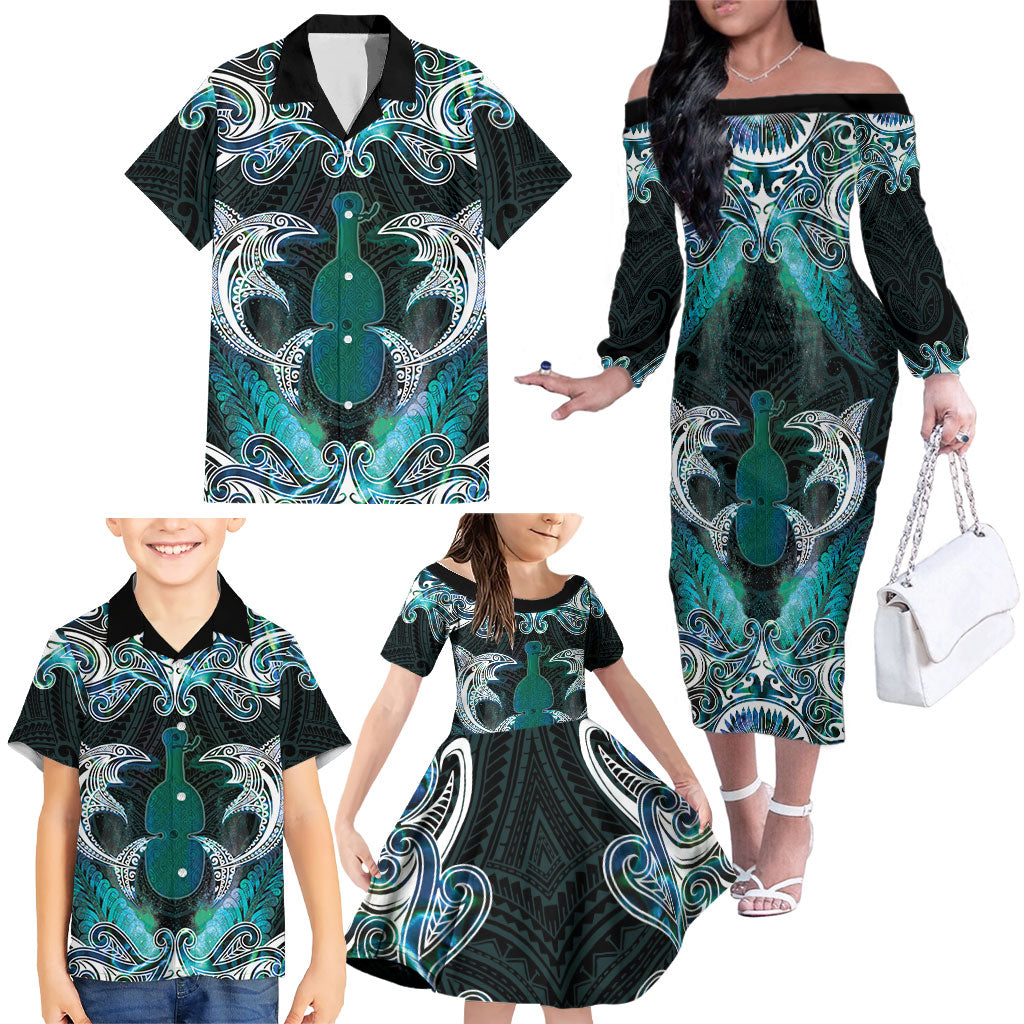 New Zealand Kotiate Weapon Family Matching Off The Shoulder Long Sleeve Dress and Hawaiian Shirt Aotearoa Mango Paua Shell Maori Pattern