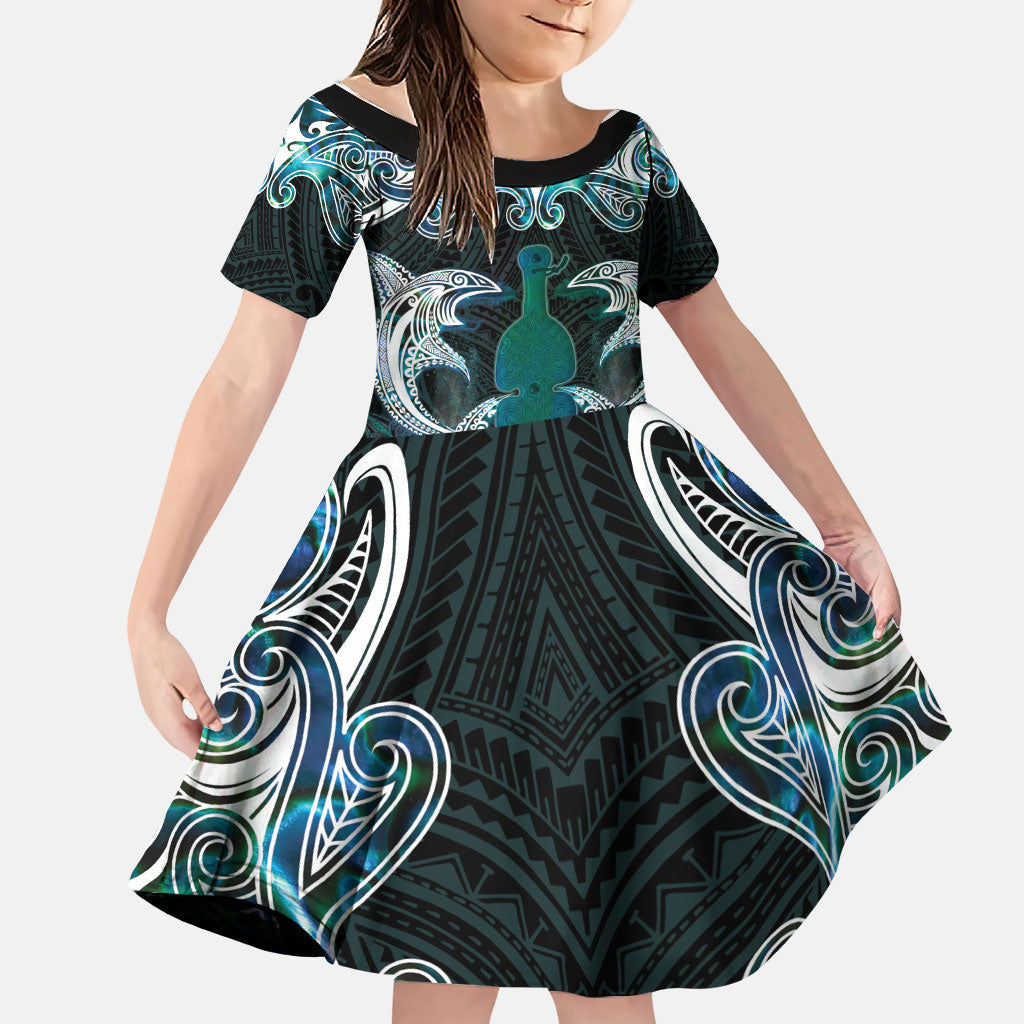 New Zealand Kotiate Weapon Family Matching Off Shoulder Short Dress and Hawaiian Shirt Aotearoa Mango Paua Shell Maori Pattern