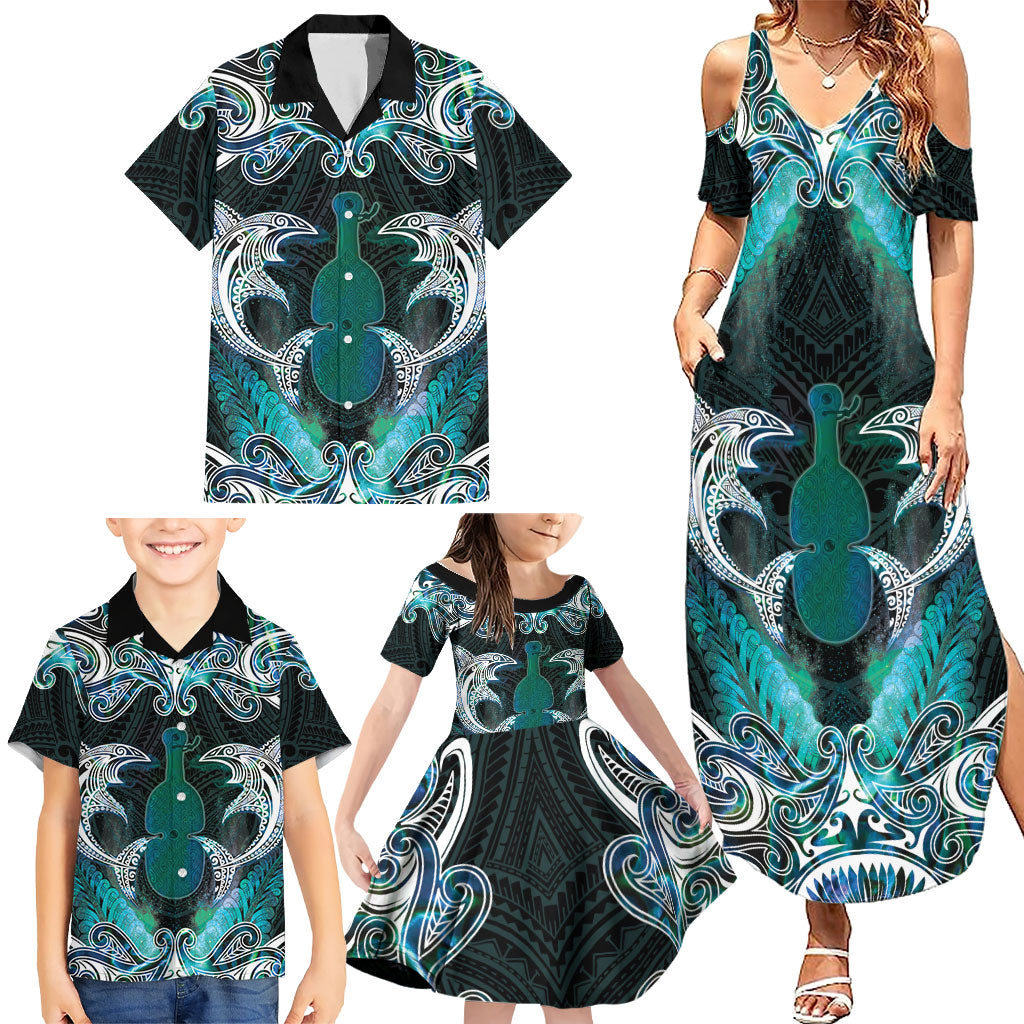 New Zealand Kotiate Weapon Family Matching Summer Maxi Dress and Hawaiian Shirt Aotearoa Mango Paua Shell Maori Pattern
