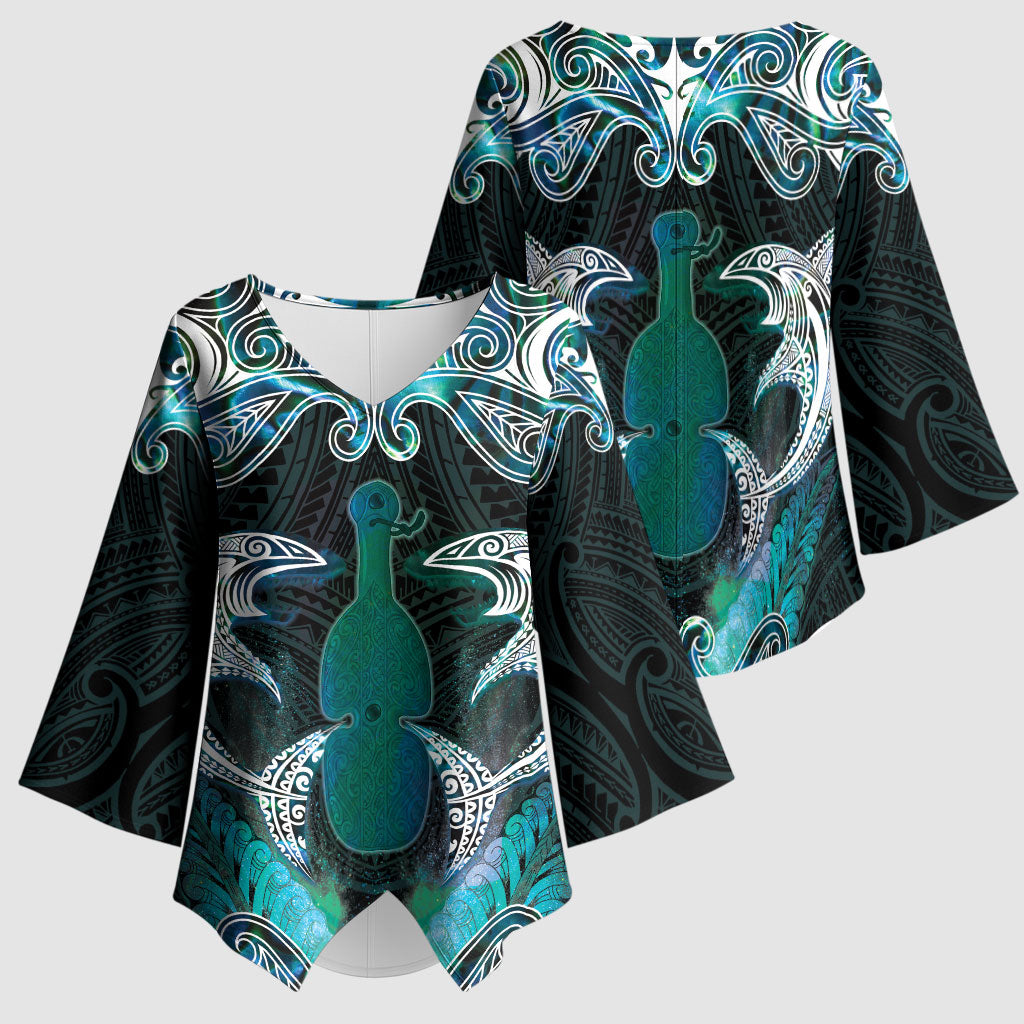 New Zealand Kotiate Weapon Kimono Sleeve Blouse Aotearoa Mango Paua Shell Maori Pattern