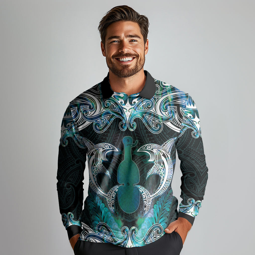 New Zealand Kotiate Weapon Long Sleeve Polo Shirt Aotearoa Mango Paua Shell Maori Pattern