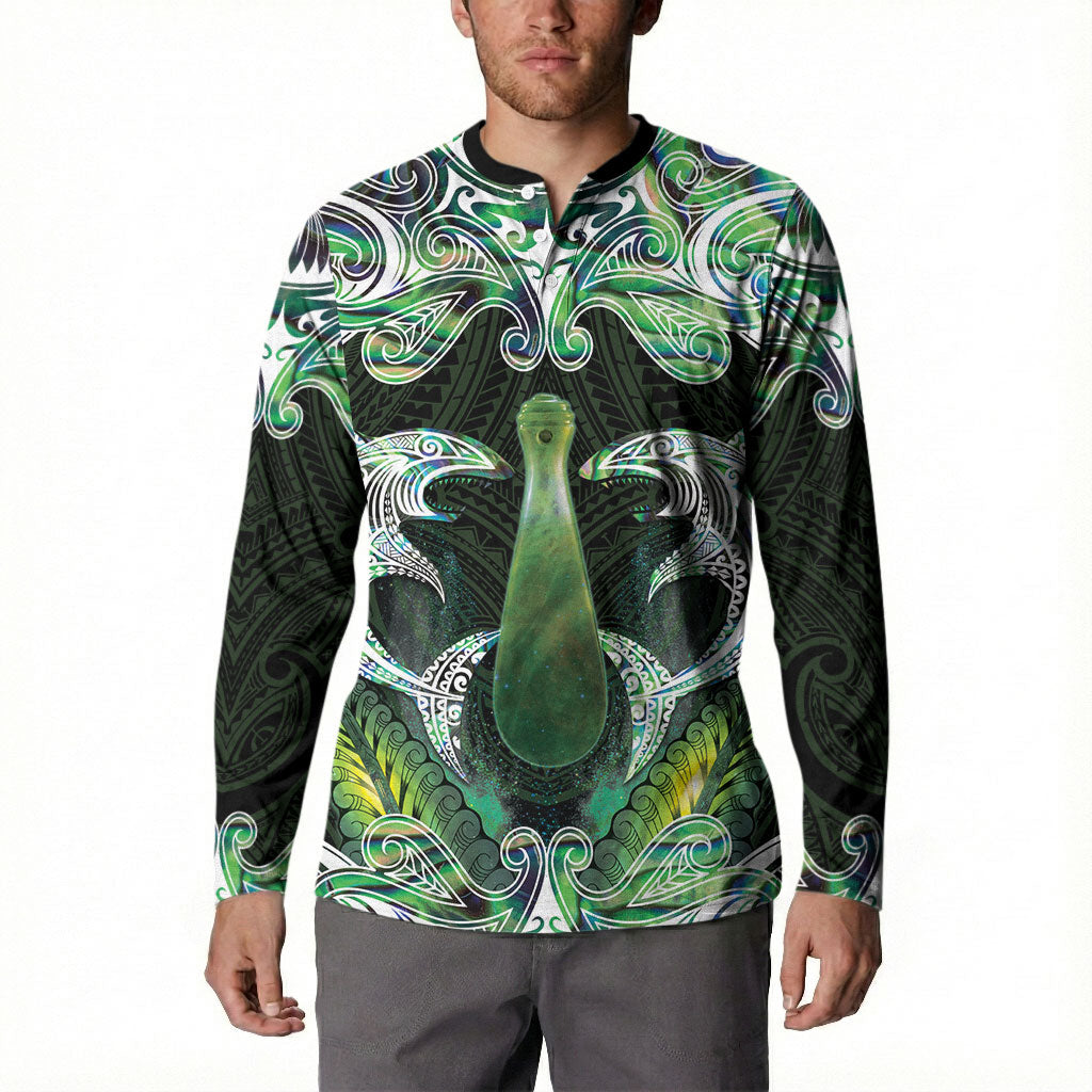 New Zealand Mere Pounamu Weapon Button Sweatshirt Aotearoa Mango Paua Shell Maori Pattern
