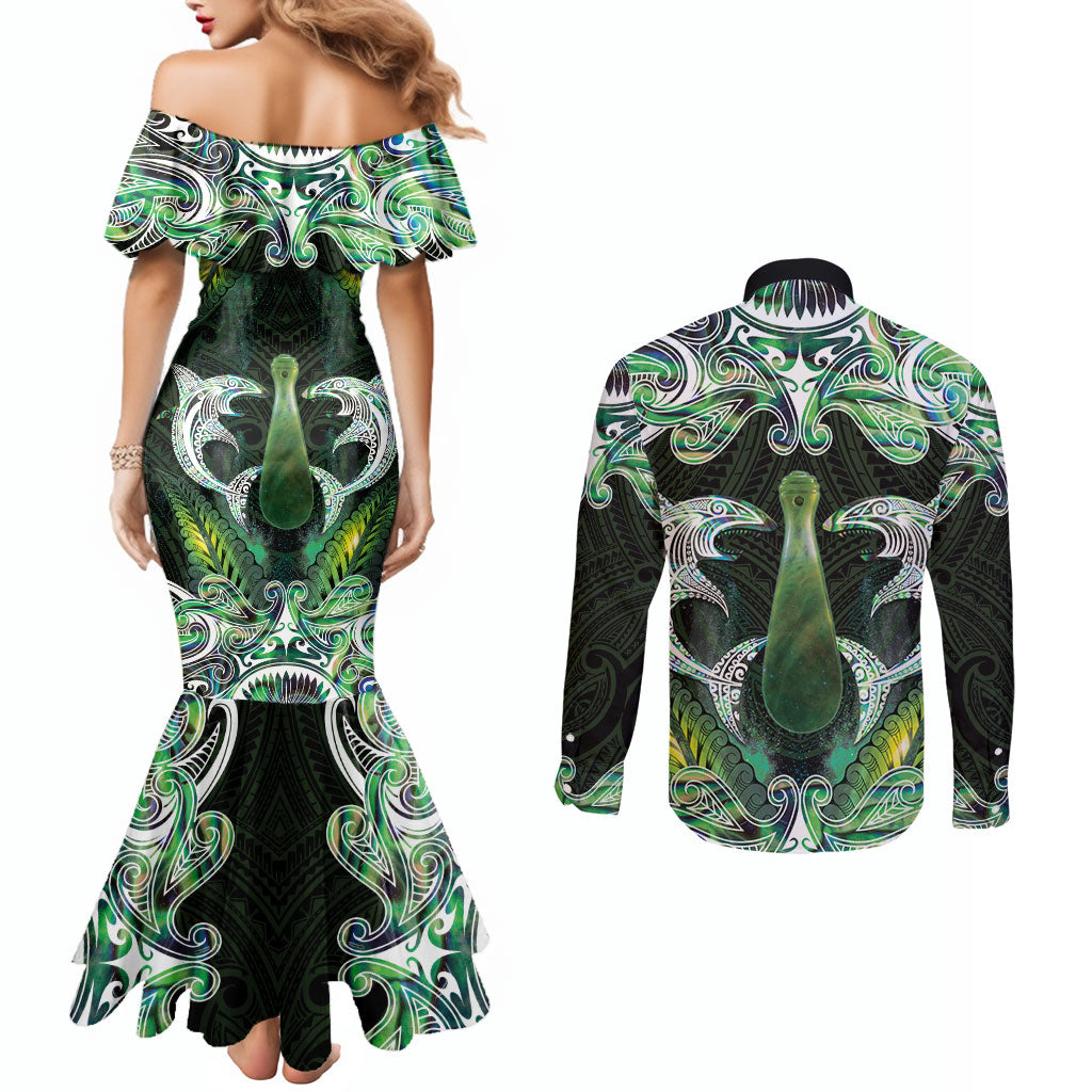 New Zealand Mere Pounamu Weapon Couples Matching Mermaid Dress and Long Sleeve Button Shirt Aotearoa Mango Paua Shell Maori Pattern