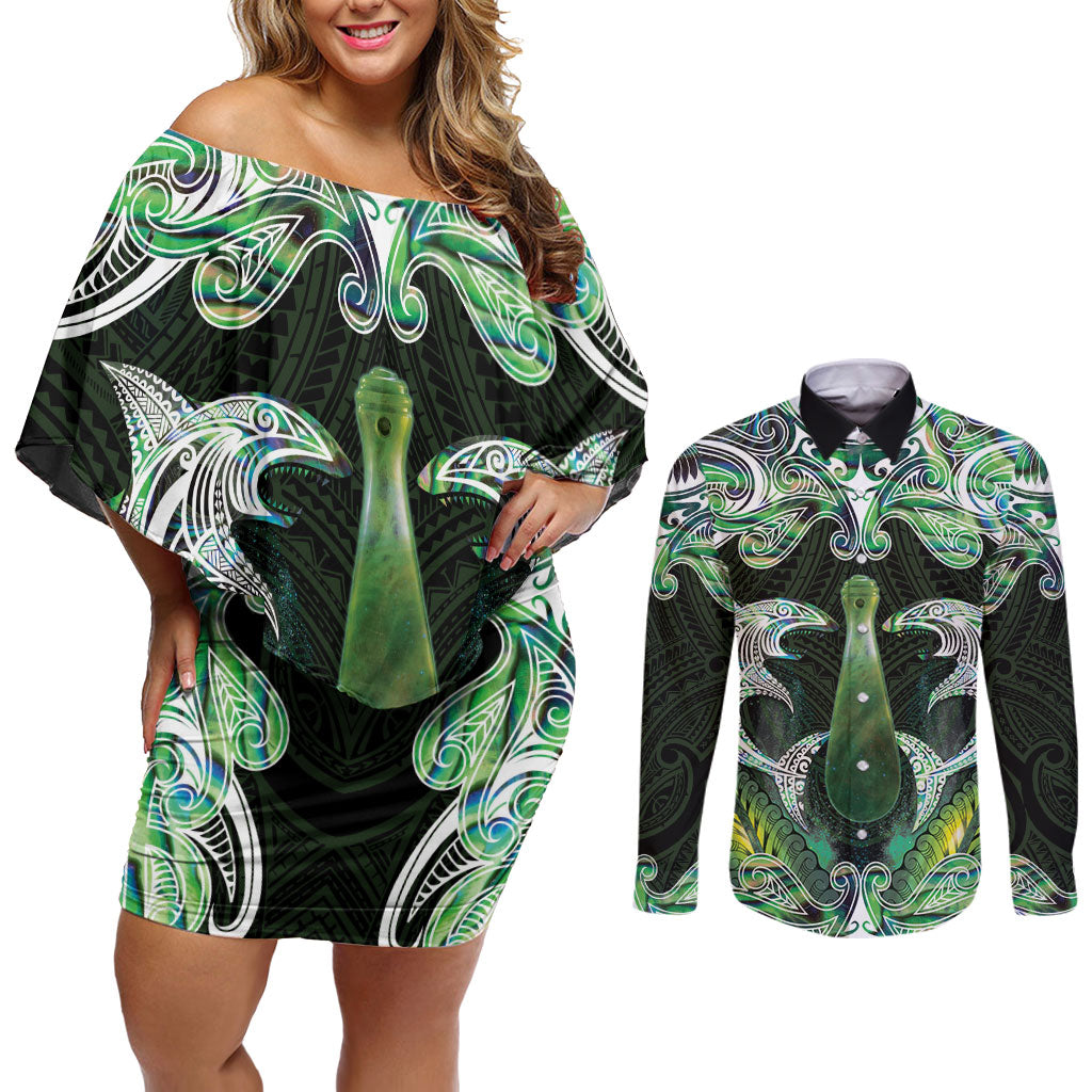 New Zealand Mere Pounamu Weapon Couples Matching Off Shoulder Short Dress and Long Sleeve Button Shirt Aotearoa Mango Paua Shell Maori Pattern