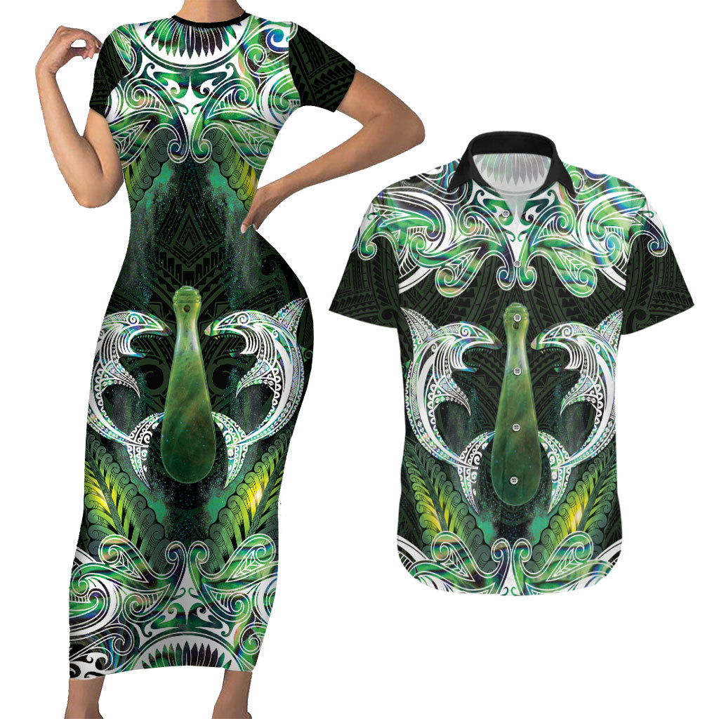 New Zealand Mere Pounamu Weapon Couples Matching Short Sleeve Bodycon Dress and Hawaiian Shirt Aotearoa Mango Paua Shell Maori Pattern LT22 Green - Polynesian Pride