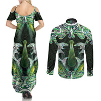 New Zealand Mere Pounamu Weapon Couples Matching Summer Maxi Dress and Long Sleeve Button Shirt Aotearoa Mango Paua Shell Maori Pattern