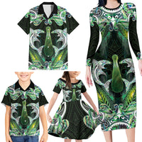 New Zealand Mere Pounamu Weapon Family Matching Long Sleeve Bodycon Dress and Hawaiian Shirt Aotearoa Mango Paua Shell Maori Pattern