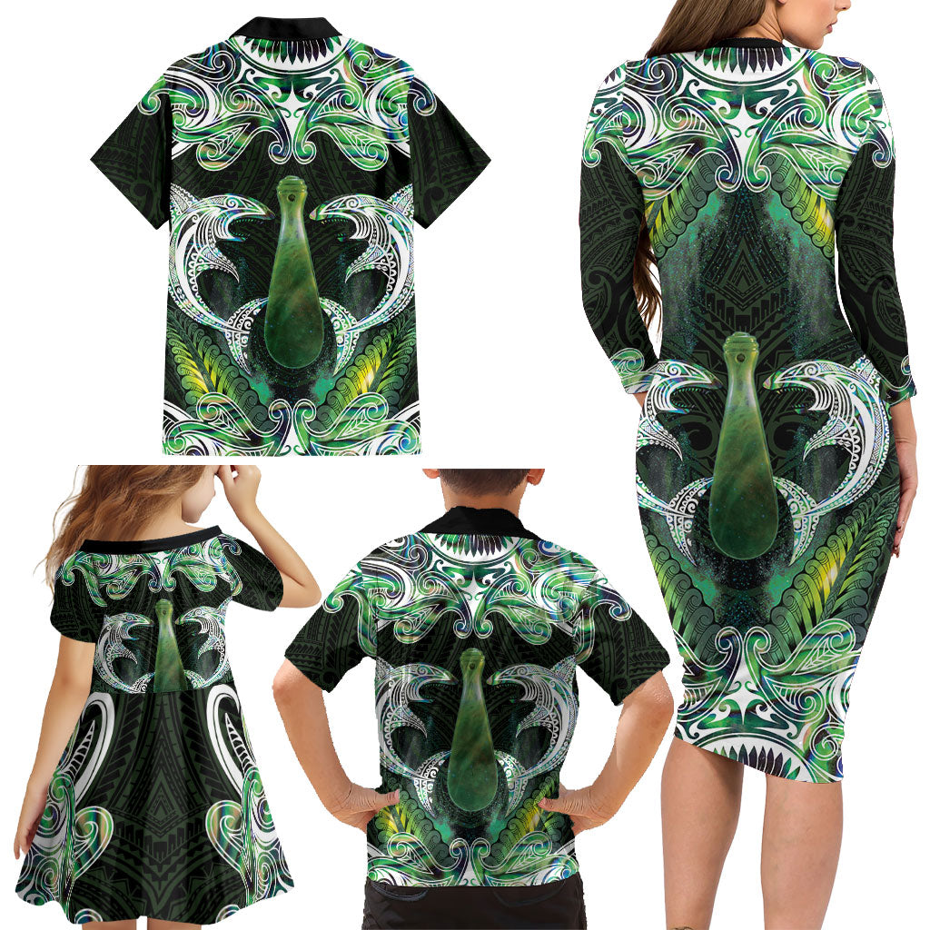 New Zealand Mere Pounamu Weapon Family Matching Long Sleeve Bodycon Dress and Hawaiian Shirt Aotearoa Mango Paua Shell Maori Pattern