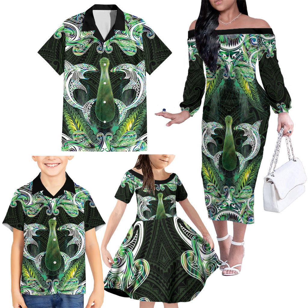 New Zealand Mere Pounamu Weapon Family Matching Off The Shoulder Long Sleeve Dress and Hawaiian Shirt Aotearoa Mango Paua Shell Maori Pattern
