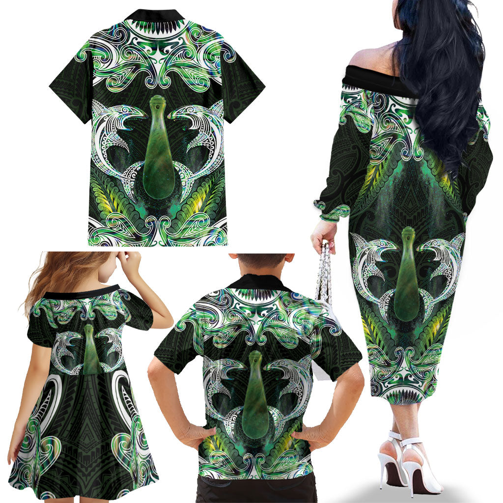 New Zealand Mere Pounamu Weapon Family Matching Off The Shoulder Long Sleeve Dress and Hawaiian Shirt Aotearoa Mango Paua Shell Maori Pattern