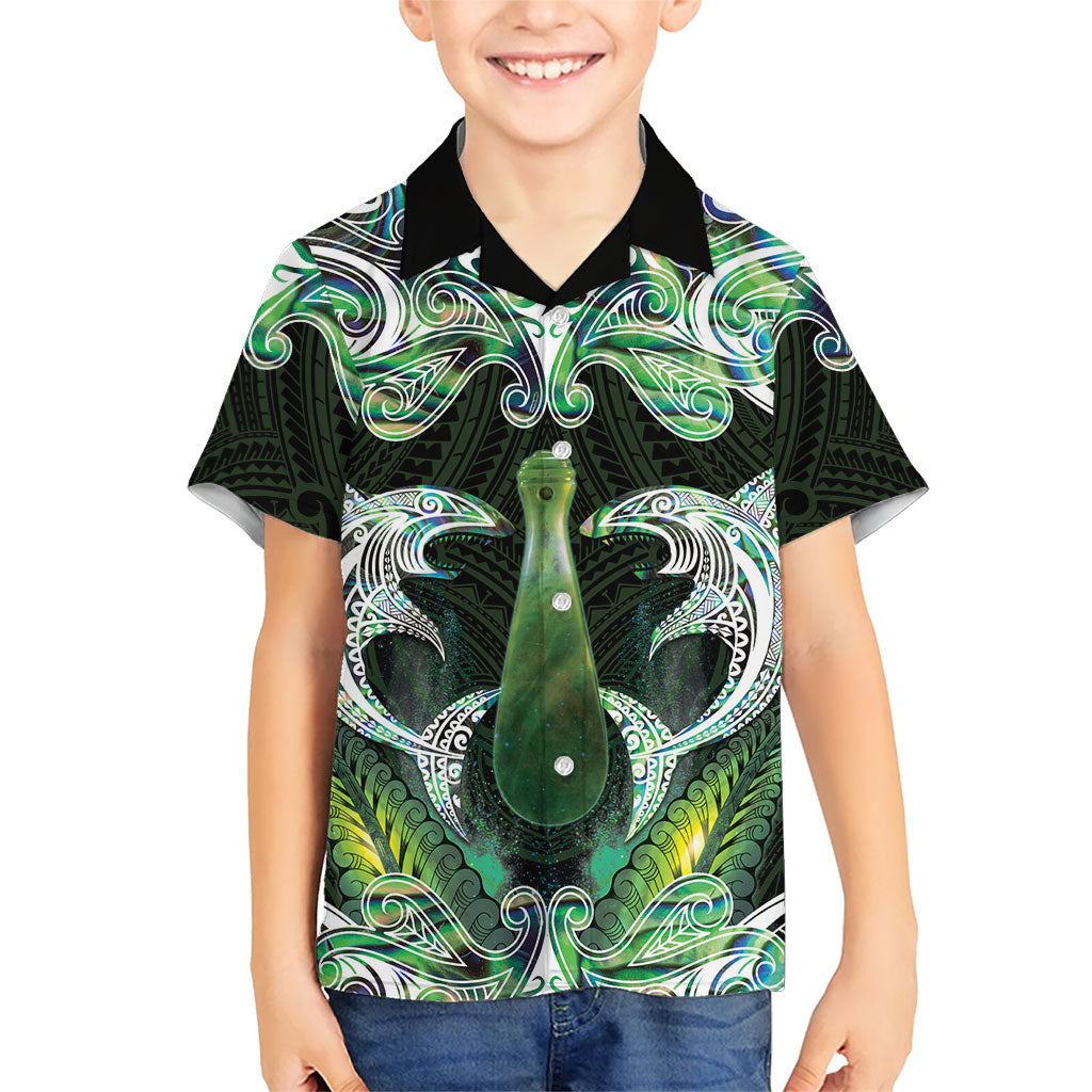 New Zealand Mere Pounamu Weapon Family Matching Off The Shoulder Long Sleeve Dress and Hawaiian Shirt Aotearoa Mango Paua Shell Maori Pattern