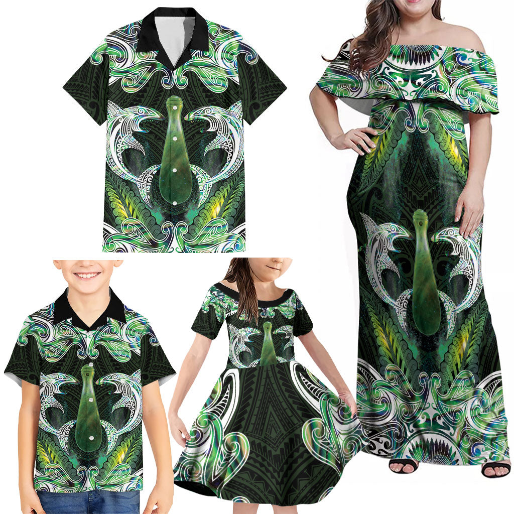 New Zealand Mere Pounamu Weapon Family Matching Off Shoulder Maxi Dress and Hawaiian Shirt Aotearoa Mango Paua Shell Maori Pattern LT22 - Polynesian Pride