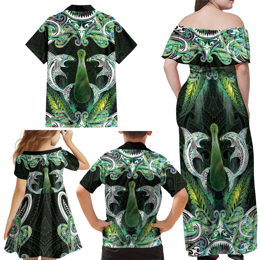 New Zealand Mere Pounamu Weapon Family Matching Off Shoulder Maxi Dress and Hawaiian Shirt Aotearoa Mango Paua Shell Maori Pattern