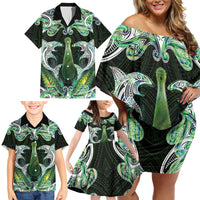 New Zealand Mere Pounamu Weapon Family Matching Off Shoulder Short Dress and Hawaiian Shirt Aotearoa Mango Paua Shell Maori Pattern
