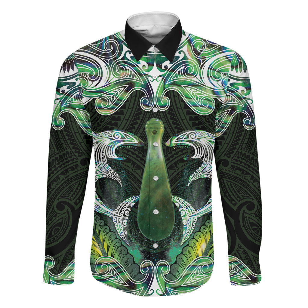 New Zealand Mere Pounamu Weapon Family Matching Off Shoulder Short Dress and Hawaiian Shirt Aotearoa Mango Paua Shell Maori Pattern