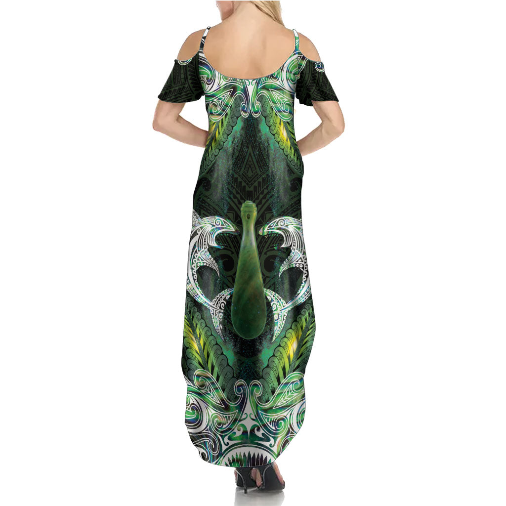 New Zealand Mere Pounamu Weapon Family Matching Summer Maxi Dress and Hawaiian Shirt Aotearoa Mango Paua Shell Maori Pattern