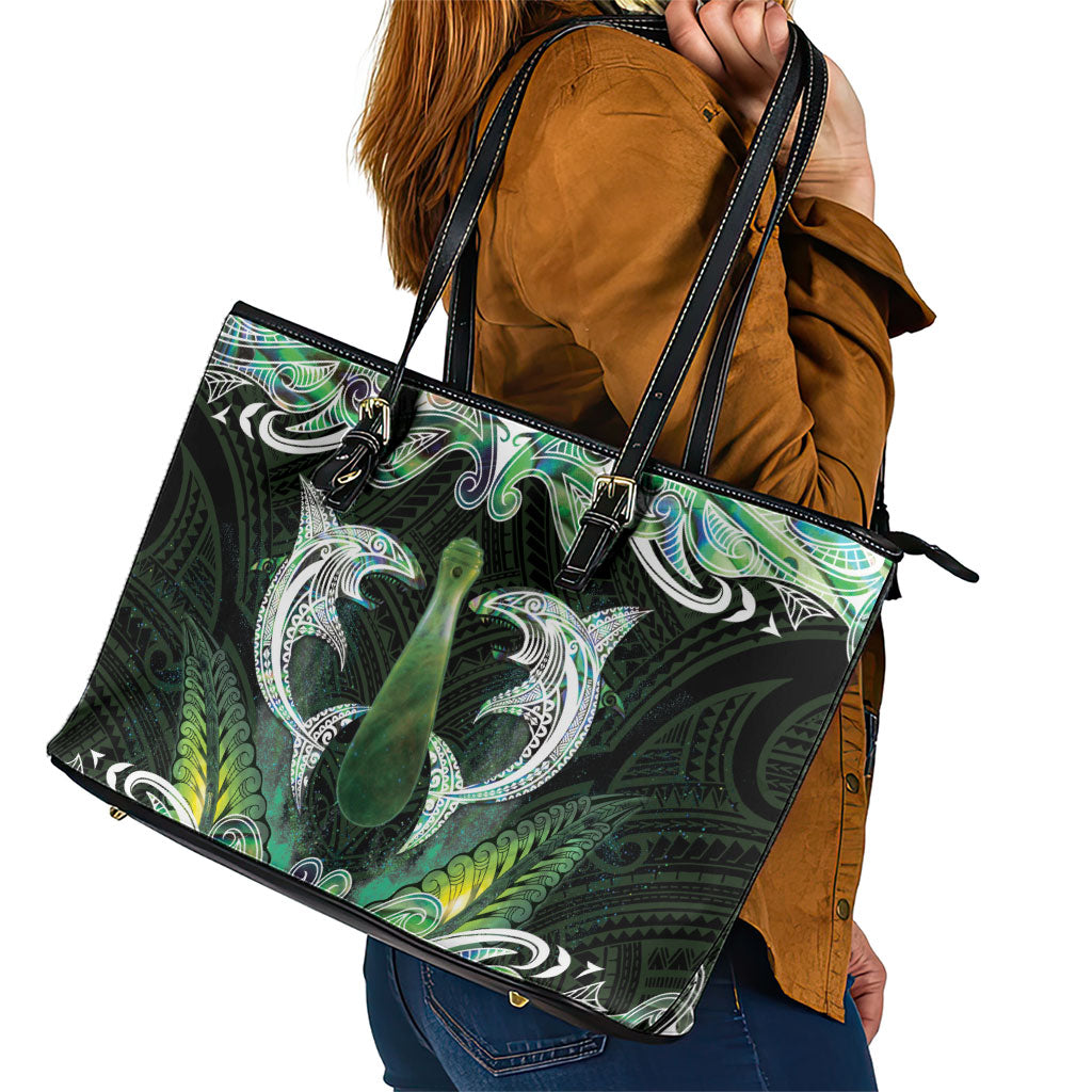 New Zealand Mere Pounamu Weapon Leather Tote Bag Aotearoa Mango Paua Shell Maori Pattern