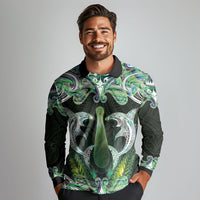New Zealand Mere Pounamu Weapon Long Sleeve Polo Shirt Aotearoa Mango Paua Shell Maori Pattern