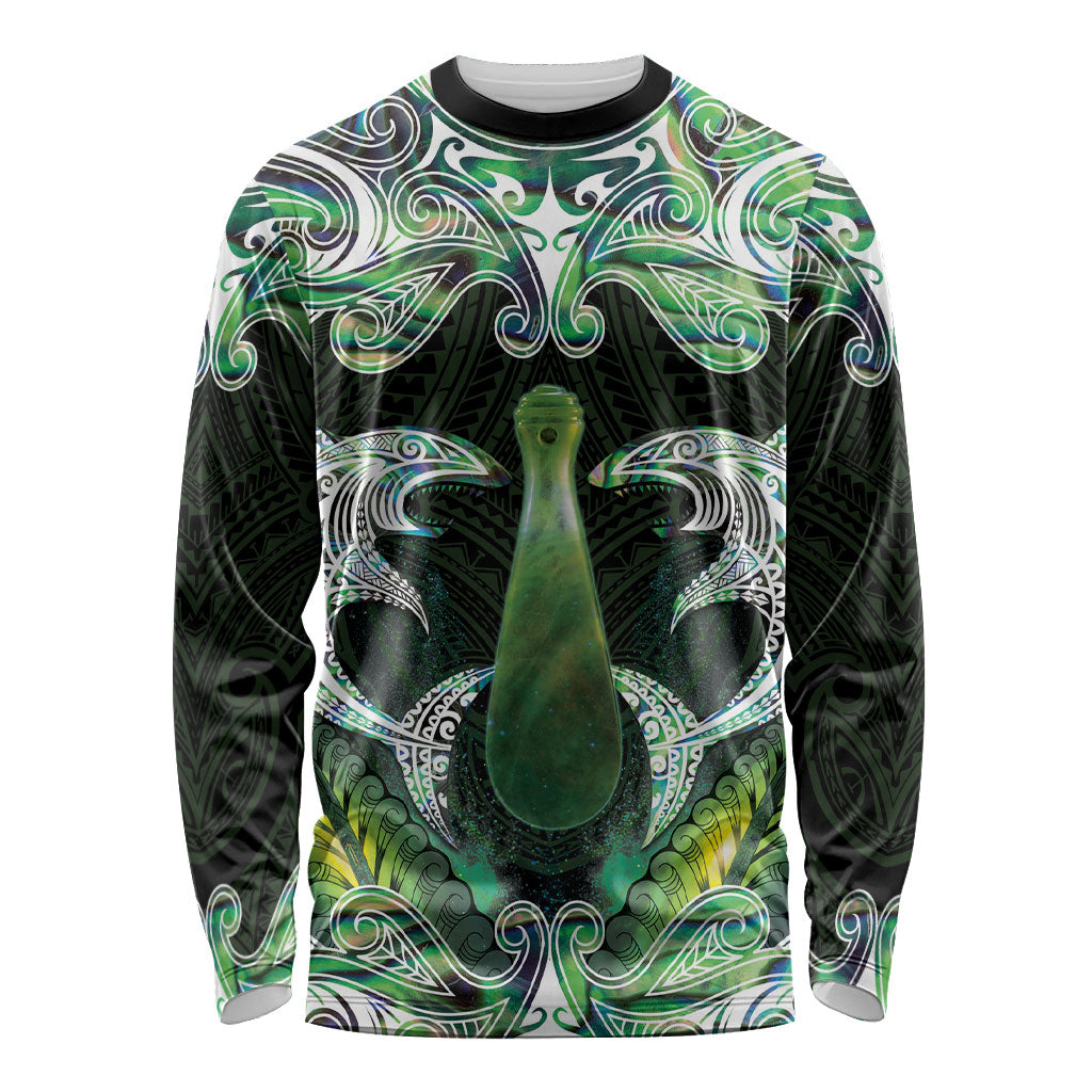 New Zealand Mere Pounamu Weapon Long Sleeve Shirt Aotearoa Mango Paua Shell Maori Pattern