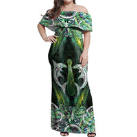 New Zealand Mere Pounamu Weapon Off Shoulder Maxi Dress Aotearoa Mango Paua Shell Maori Pattern