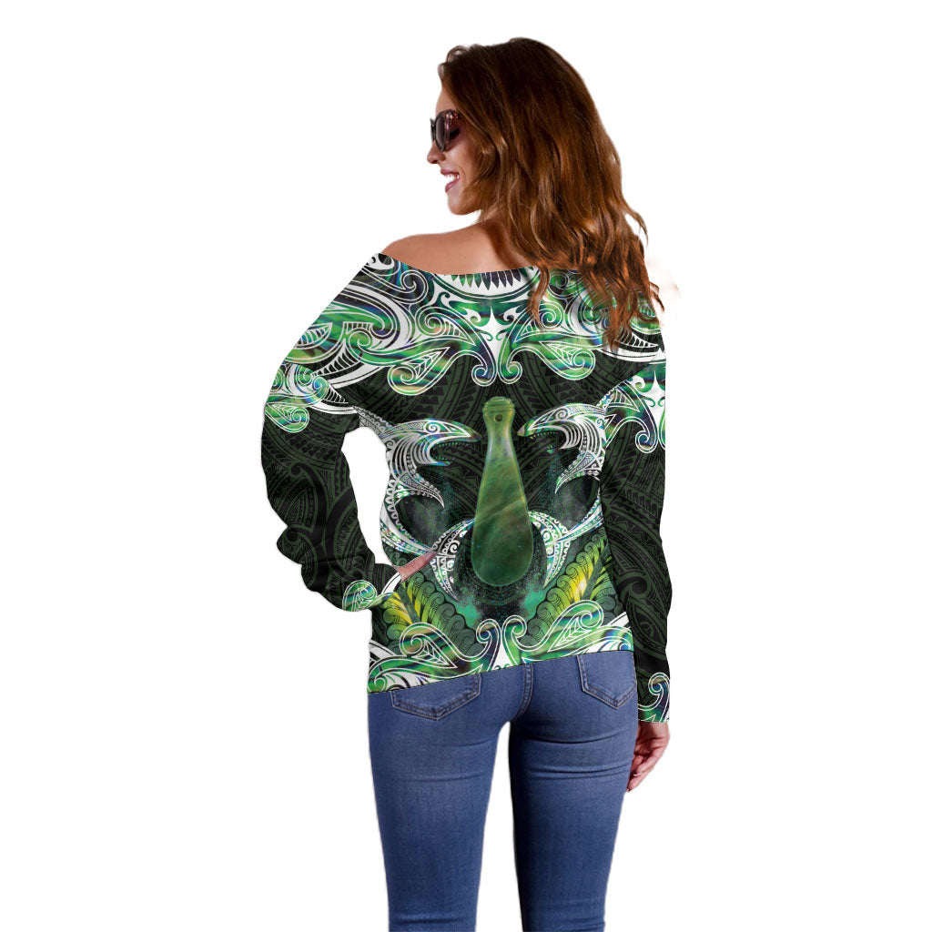 New Zealand Mere Pounamu Weapon Off Shoulder Sweater Aotearoa Mango Paua Shell Maori Pattern