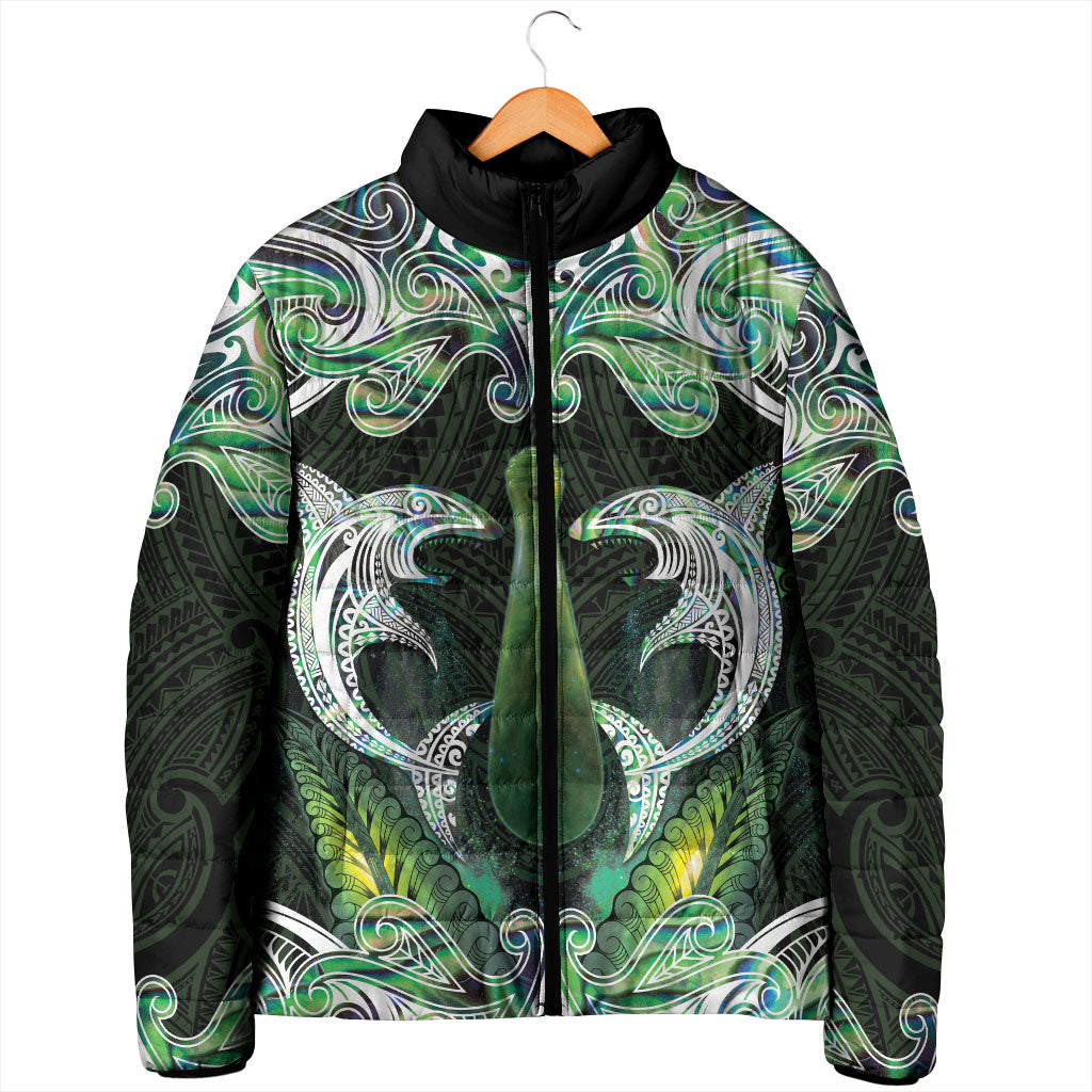 New Zealand Mere Pounamu Weapon Padded Jacket Aotearoa Mango Paua Shell Maori Pattern