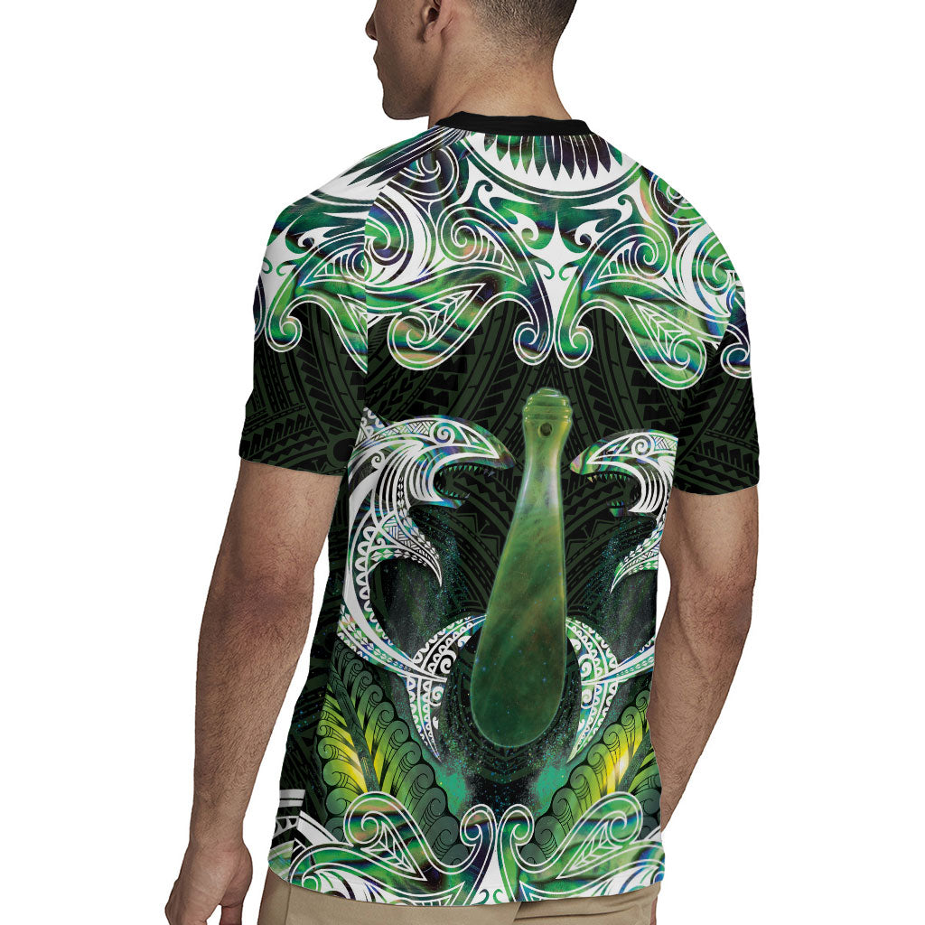 New Zealand Mere Pounamu Weapon Rugby Jersey Aotearoa Mango Paua Shell Maori Pattern