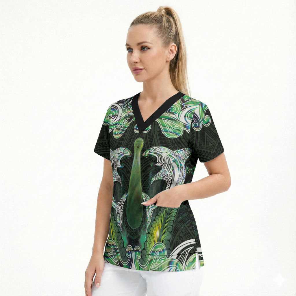 New Zealand Mere Pounamu Weapon Scrub Top Aotearoa Mango Paua Shell Maori Pattern