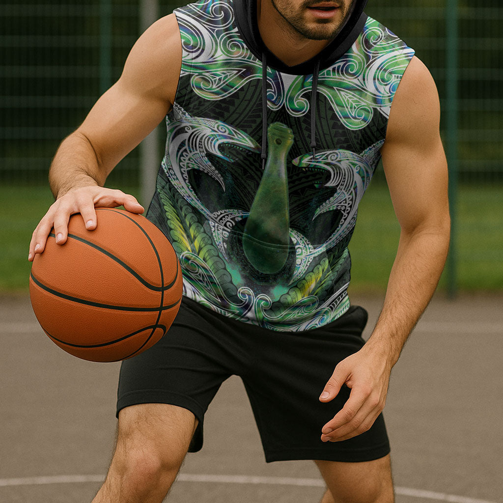 New Zealand Mere Pounamu Weapon Sleeveless Hoodie Aotearoa Mango Paua Shell Maori Pattern