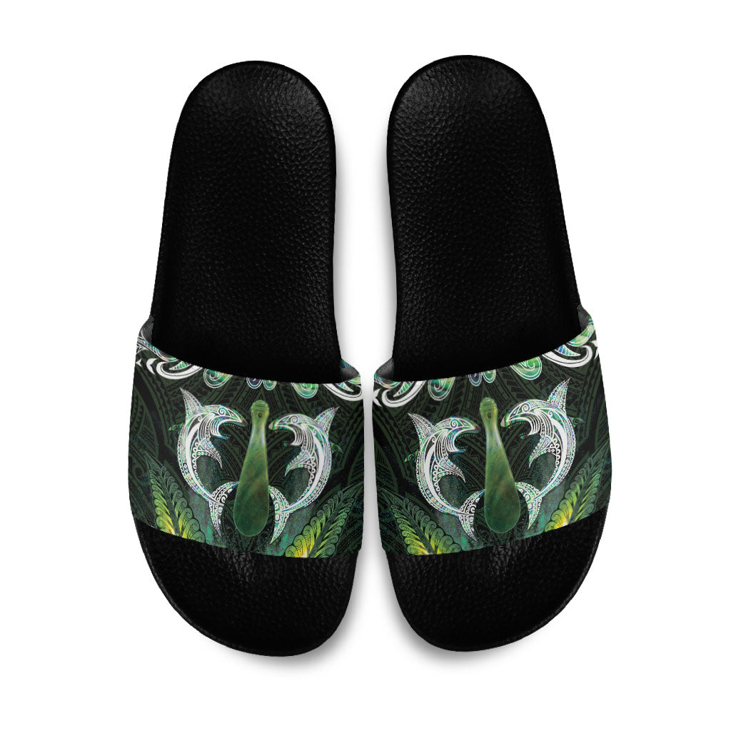 New Zealand Mere Pounamu Weapon Slide Sandals Aotearoa Mango Paua Shell Maori Pattern