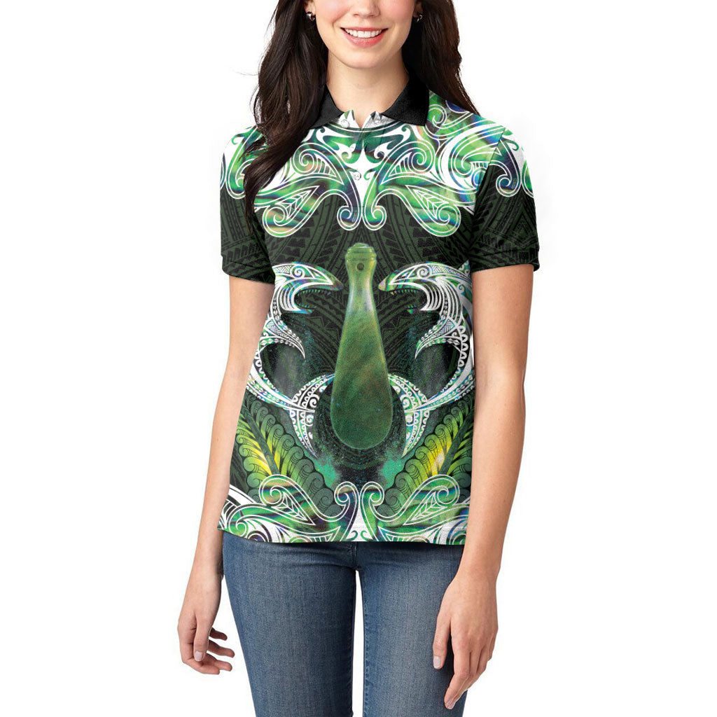 New Zealand Mere Pounamu Weapon Women Polo Shirt Aotearoa Mango Paua Shell Maori Pattern