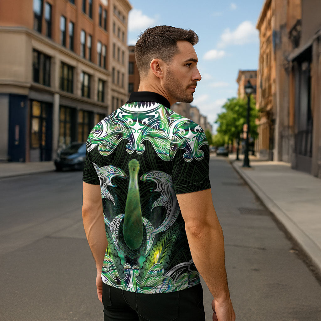 New Zealand Mere Pounamu Weapon Zipper Polo Shirt Aotearoa Mango Paua Shell Maori Pattern
